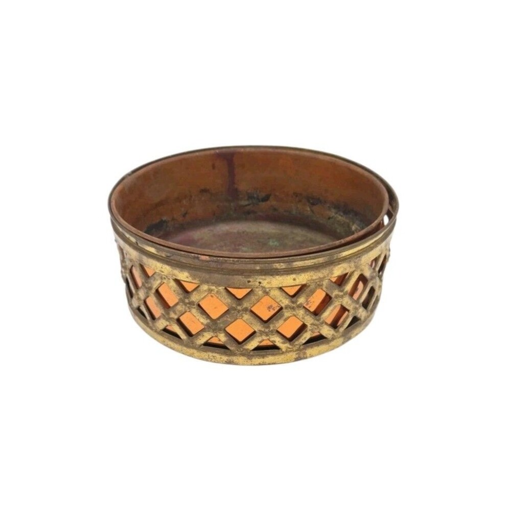 Vtg Peerage Brass Lattice Woven Repousse Basket w/ Copper Insert Planter 8 In